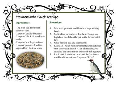 Homemade Suet Recipe Ingredients: Procedure:  -1 ½ lb of rendered beef