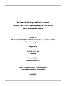 Review of the Regional Adjustment Within the Essential Programs and Services Cost Allocation Model Report to The Joint Standing Committee on Education and Cultural Affairs