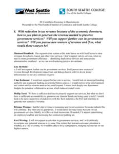 D1 Candidates Response to Questionnaire Presented by the West Seattle Chamber of Commerce and South Seattle College 6. With reduction in tax revenue because of the economic downturn, how to you plan to generate the reven