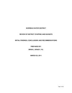 BORREGO WATER DISTRICT  REVIEW OF DISTRICT STAFFING AND BUDGETS INITIAL FINDINGS, CONCLUSIONS AND RECOMMENDATIONS