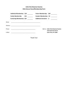 Little Falls Historical Society 2016 Annual Dues/Membership Form Individual Membership - $10 Patron Membership - $50