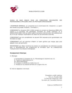 RESOLUTION ECO[removed]NIVEAU DE BASE REQUIS POUR LES FORMATIONS DIPLOMANTES PROFESSIONNELS IMPLIQUES DANS LES PRATIQUES ŒNOLOGIQUES  DES