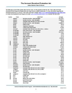 The Vermont Shoreland Protection Ac Lakes Greater than 10 Acres The following is a list of lakes greater than 10 acres in size. For the purposes of this list, the VT DEC Lakes and Ponds Shoreland Permit Program estimated