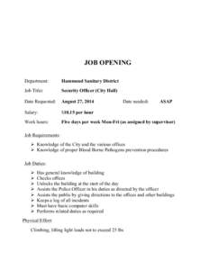 JOB OPENING Department: Hammond Sanitary District  Job Title: