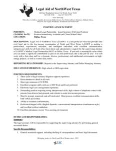 Legal Aid of NorthWest Texas 600 East Weatherford Street, Fort Worth, Texas[removed]4740 (fax[removed]www.lanwt.org With offices in Abilene, Amarillo, Brownwood, Dallas, Denton, Fort Worth, Lubbock, McKinney,