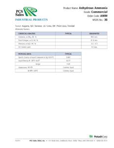 INDUSTRIAL PRODUCTS  Product Name: Anhydrous Ammonia Grade: Commercial Order Code: AMM MSDS No.: 30