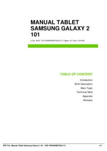 MANUAL TABLET SAMSUNG GALAXYOct, 2016 | PDF-WWOM5MTSG2112 | Pages: 35 | Size 1,619 KB  TABLE OF CONTENT