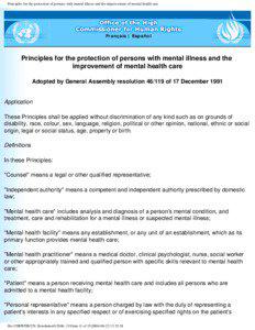 Principles for the protection of persons with mental illness and the improvement of mental health care
