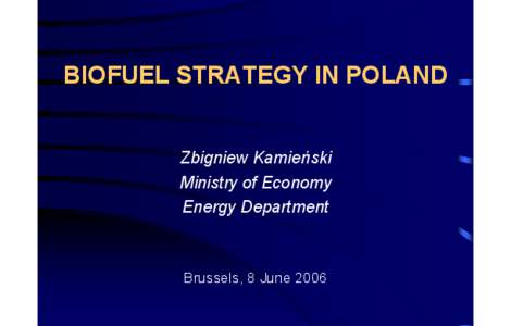 BIOFUEL STRATEGY IN POLAND Zbigniew Kamieński Ministry of Economy Energy Department  Brussels, 8 June 2006