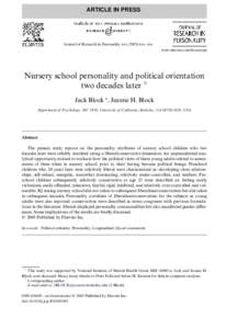 ARTICLE IN PRESS  Journal of Research in Personality xxx[removed]xxx–xxx www.elsevier.com/locate/jrp  Nursery school personality and political orientation