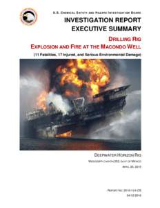 U.S. C H E M I C AL S A F E T Y A N D H A Z A R D I N V E S T I G A T I O N B O A R D  INVESTIGATION REPORT EXECUTIVE SUMMARY DRILLING RIG EXPLOSION AND FIRE AT THE MACONDO WELL