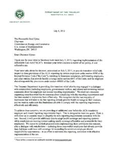 Letter from Mark Mazur, U.S. Department of the Treasury, to Chairman Fred Upton (July 9, 2013)