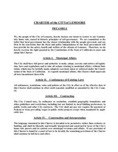 CHARTER of the CITYof LEMOORE PREAMBLE We, the people of the City of Lemoore, hereby declare our intent to restore to our Community home rule, rooted in historic principles of self-governance. We are committed to the bel