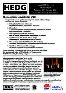 HEDG HUNTER EARTH SCIENCES DISCUSSION GROUP Next HEDG event: 6 for 6.30pm, Tuesday 25th August 2009,