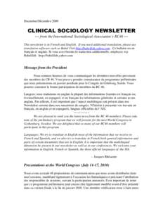 December/DécembreCLINICAL SOCIOLOGY NEWSLETTER ~~ from the International Sociological Association’s RC46 ~~ This newsletter is in French and English. If you need additional translation, please use translation s