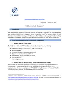 Governmental Advisory Committee Singapore, 11 February 2015 GAC Communiqué – Singapore 1 I.  Introduction