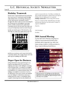 L.C. HISTORICAL SOCIETY NEWSLETTER Issue 22 Fall, 2013  Birthday Teamwork