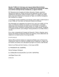 Decreto[removed], de 12 de mayo, por el que se declara Bien de Interés Cultural, con categoría de ámbito local, la Fiesta de los Corazones de Tejina, en el término municipal de San Cristóbal de La Laguna (Tenerife).