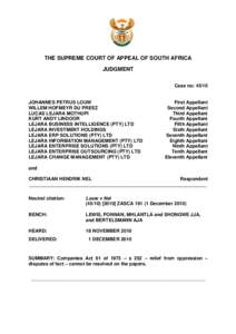 THE SUPREME COURT OF APPEAL OF SOUTH AFRICA JUDGMENT Case no: 45/10 JOHANNES PETRUS LOUW WILLEM HOFMEYR DU PREEZ