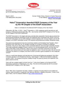 FOODSERVICE EQUIPMENT Hatco Corporation 635 South 28th Street, Milwaukee, Wisconsin[removed]U.S.A. Mail To: P.O. Box[removed], Milwaukee, WI[removed]U.S.A.  March 9, 2015