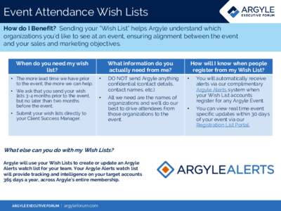 Event Attendance Wish Lists How do I Benefit? Sending your “Wish List” helps Argyle understand which organizations you’d like to see at an event, ensuring alignment between the event and your sales and marketing ob