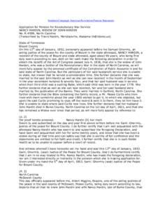 Southern Campaign American Revolution Pension Statements Application for Pension for Revolutionary War Service NANCY HARDIN, WIDOW OF JOHN HARDIN No. R-4599, North Carolina (Transcribed by Travis Hardin, Meridianville, A