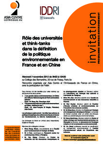 PROGRAMME ENERGIE-ENVIRONNEMENT  inv i tati on Rôle des universités et think-tanks