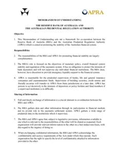 MEMORANDUM OF UNDERSTANDING THE RESERVE BANK OF AUSTRALIA AND THE AUSTRALIAN PRUDENTIAL REGULATION AUTHORITY Objective 1. This Memorandum of Understanding sets out a framework for co-operation between the Reserve Bank of