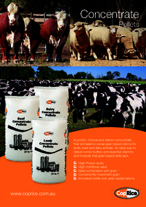 Concentrate Pellets A protein, mineral and vitamin concentrate that will balance cereal grain based rations for lamb, beef and dairy animals. An ideal way to