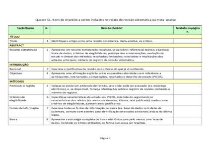 Quadro S1. Itens do checklist a serem incluídos no relato de revisão sistemática ou meta-análise Seção/tópico N.  Item do checklist