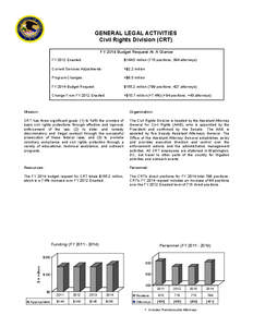 GENERAL LEGAL ACTIVITIES Civil Rights Division (CRT) FY 2014 Budget Request At A Glance FY 2012 Enacted:  $144.5 million (715 positions; 384 attorneys)