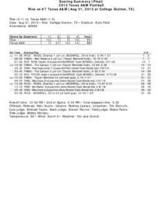 Scoring Summary (Final[removed]Texas A&M Football Rice vs #7 Texas A&M (Aug 31, 2013 at College Station, TX) Rice[removed]vs. Texas A&M[removed]Date: Aug 31, 2013 • Site: College Station, TX • Stadium: Kyle Field