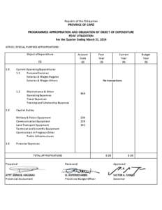 Republic of the Philippines  PROVINCE OF CAPIZ PROGRAMMED APPROPRIATION AND OBLIGATION BY OBJECT OF EXPENDITURE PDAF UTILIZATION For the Quarter Ending March 31, 2014