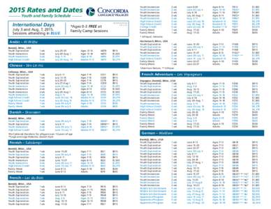 2015 Rates and Dates Youth and Family Schedule International Days  July 3 and Aug. 7, 2015.