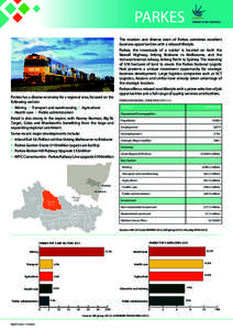 PARKES  Parkes has a diverse economy for a regional area, focused on the following sectors: } Mining } Transport and warehousing } Agriculture } Health care } Public administration