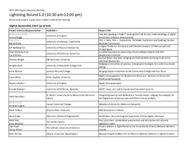 2013 ODH Project Directors Meeting  Lightning Round[removed]:30 am-12:00 pm) Names and projects in gray were unable to attend the meeting.  Digital Humanities Start-Up Grants