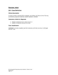 Botulism, Infant 2011 Case Definition Clinical description An illness of infants, characterized by constipation, poor feeding, and “failure to thrive” that may be followed by progressive weakness, impaired respiratio