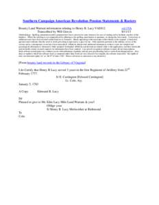 Southern Campaign American Revolution Pension Statements & Rosters Bounty Land Warrant information relating to Henry R. Lacy VAS812 Transcribed by Will Graves vsl 1VA[removed]