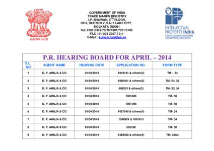 GOVERNMENT OF INDIA TRADE MARKS REGISTRY I.P. BHAWAN, 5TH FLOOR, CP-2, SECTOR V, SALT LAKE CITY, KOLKATA[removed]Tel: [removed][removed]
