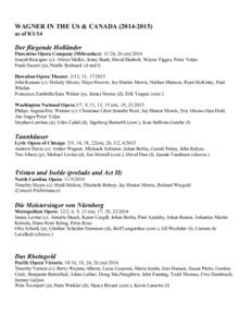 WAGNER IN THE US & CANADAas ofDer fliegende Holländer Florentine Opera Company (Milwaukee): 11/24, 26 (mJoseph Rescigno (c): Alwyn Mellor, Jenny Bank; David Danholt, Wayne Tigges, Peter Volpe