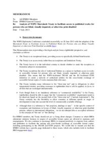 MEMORANDUM To All IFRRO Members From IFRRO General Counsel Re Analysis of WIPO Marrakesh Treaty to facilitate access to published works for