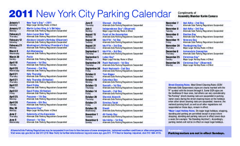 2011 New York City Parking Calendar  Compliments of Assembly Member Karim Camara  January 1