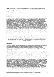 CSIRO’s experience in planning for triple-bottom-line outcomes: the Impact 2020 Project 1 1  Tracy Henderson ; Tanja Russell