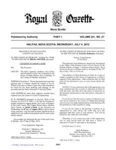 Nova Scotia Published by Authority PART 1  VOLUME 221, NO. 27