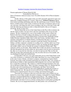 Southern Campaign American Revolution Pension Statements Pension application of Thomas Hood S21289 Transcribed by Will Graves State of Tennessee, Jackson County Court: November Session 1834 of Pleas & Quarter Sessions On