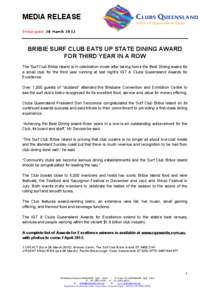 MEDIA RELEASE Embargoed: 28 March 2012 BRIBIE SURF CLUB EATS UP STATE DINING AWARD FOR THIRD YEAR IN A ROW The Surf Club Bribie Island is in celebration mode after taking home the Best Dining award for