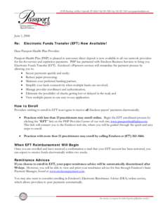 Electronic Funds Transfer (EFT) Now Available! - Provider Letter - Passport Health Plan