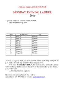 Juan de Fuca Lawn Bowls Club  MONDAY EVENING LADDER 2016 Tags in at 6:15 P.M. Games start 6:30 P.M. Play will be mainly Pairs
