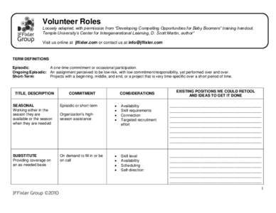 Volunteer Roles Loosely adapted, with permission from “Developing Compelling Opportunities for Baby Boomers” training handout, Temple University’s Center for Intergenerational Learning, D. Scott Martin, author” V