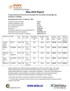 May 2012 Report Testing conducted to IEC[removed]at the Kortright PVPV test facility in Woodbridge, ON[removed],-[removed]Reporting Period: May 1st to May 31st, 2012 Ambient Temperature High: Ambient Temperature Low: